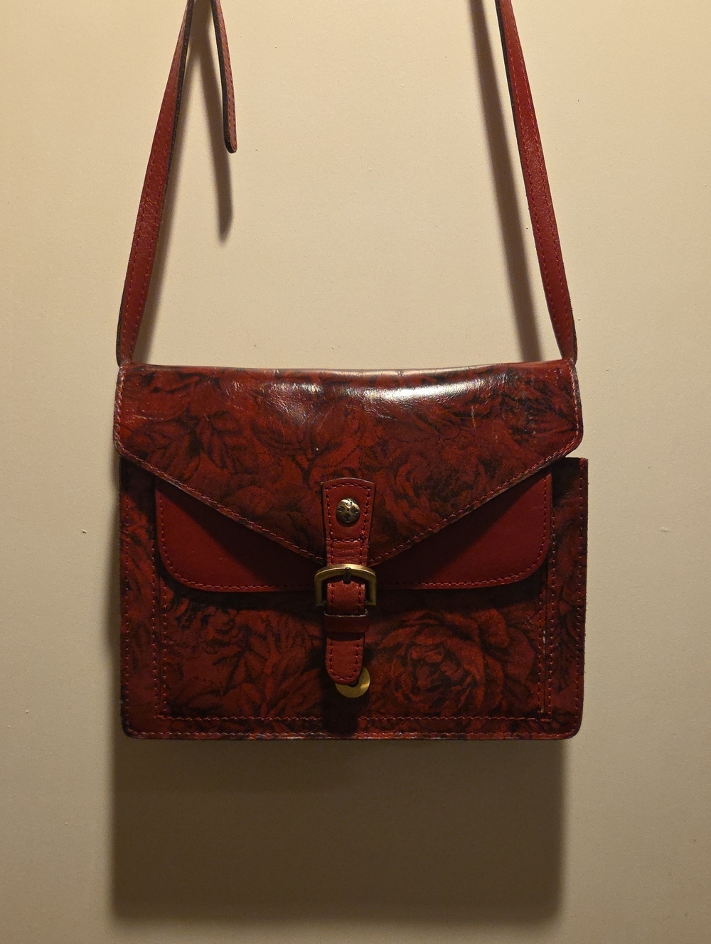 Patricia Nash Embossed Floral Red Leather Crossbody Bag